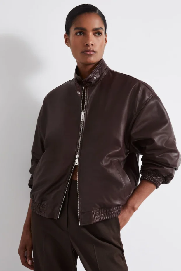 Berry Dru Atelier Leather Latched-Collar Bomber Jacket - Image 2